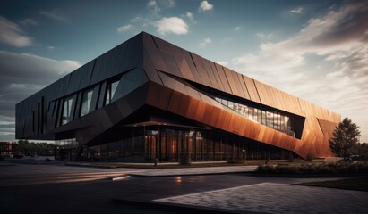 The building is made of metal and has a curved shape. Generative AI. - Powered by Adobe