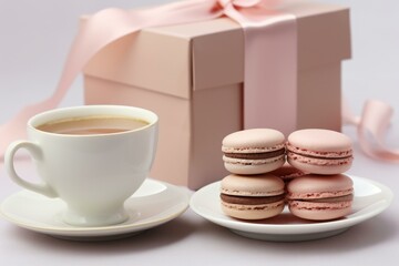 Obraz na płótnie Canvas Cup of coffee and macarons with pink ribbon. Generative AI.