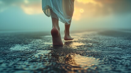 Lonely woman in nighty walking barefoot along wet road in foggy morning, back view, close-up legs - obrazy, fototapety, plakaty