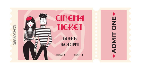 Valentines day retro cinema ticket with beige background. Vector illustration in 60's-70's style of movie session access flyer and coupon.	