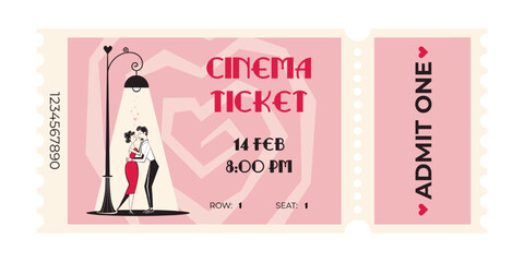 Valentines day retro cinema ticket with beige background. Vector illustration in 60's-70's style of movie session access flyer and coupon.	