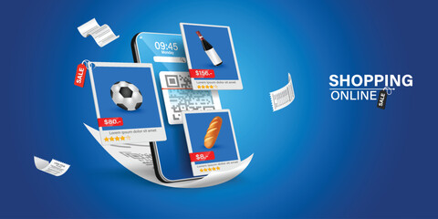 product placement on smartphone online shopping application, many products are displayed on smartphone screen and sale tag label hangs below,vector 3d isolated for design