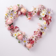 Heart of fresh flowers in light colors on white background 