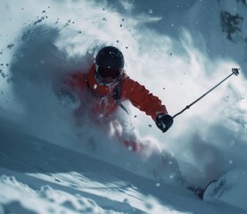 Naklejka premium Man skis down slopes falling in powder stock. Enjoying skiing. Generative AI