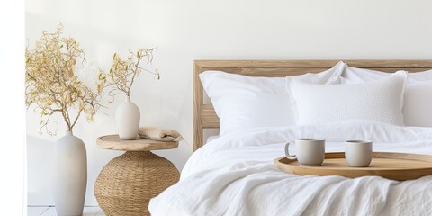 King size white bed with matching bedding, wooden table with white coffee mug and glass vase, rattan lamp above, actual photo.