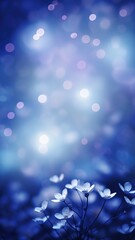 Enchanted Midnight Garden: Ethereal Blue Flowers and Glistening Bokeh Lights, Vertical Poster or Sign with Open Empty Copy Space for Text 
