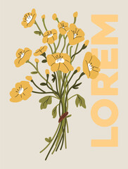 Layout vector flowers bouquet illustration, yellow flowers, modern art, art deco, flowers, colors.