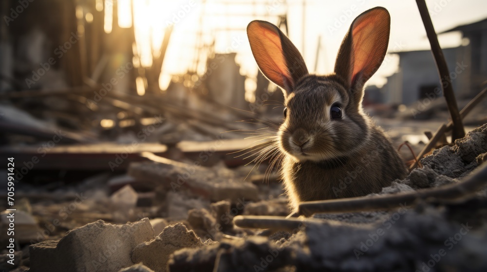 Poster a rabbit sitting in a pile of rubble. generative ai.