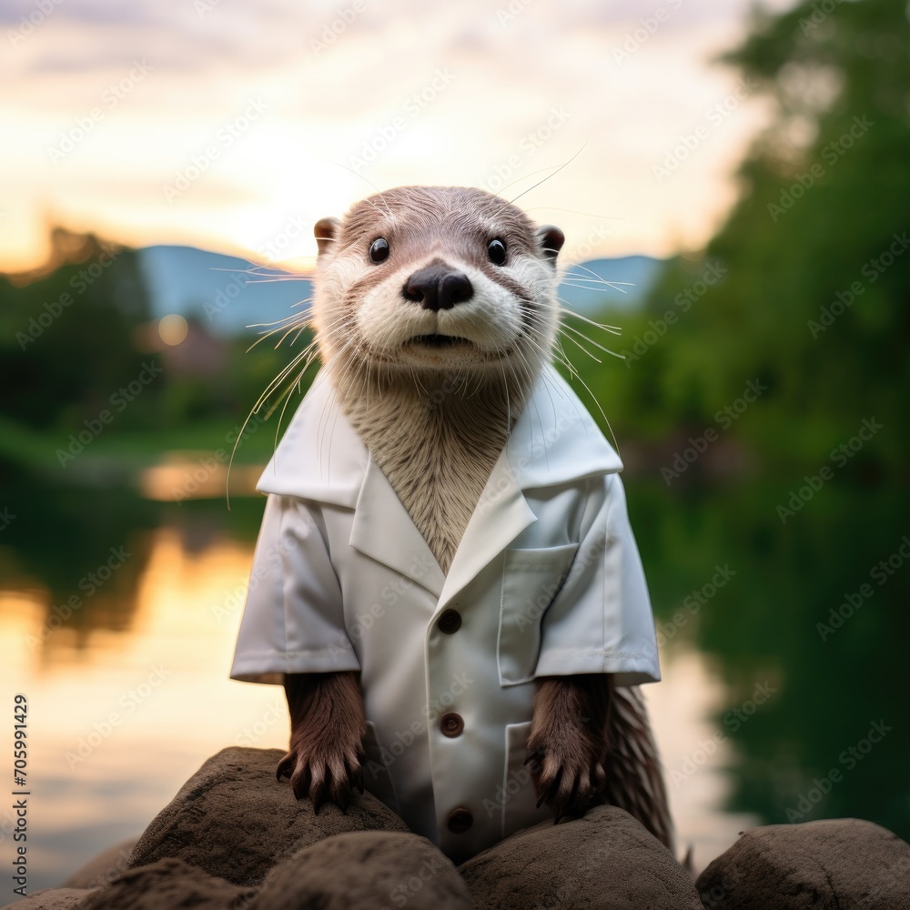 Canvas Prints An otter wearing a white coat standing on a rock. Generative AI.