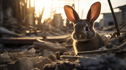 A rabbit sitting in a pile of rubble. Generative AI. - Powered by Adobe