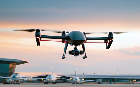 Unmanned surveillance drone flying over airport