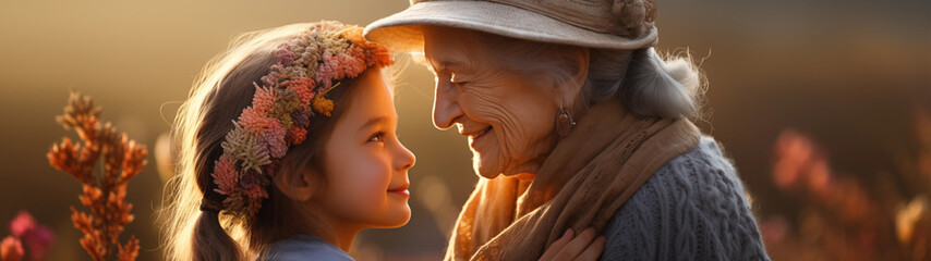 Affectionate grey haired grandmother in hat. - obrazy, fototapety, plakaty