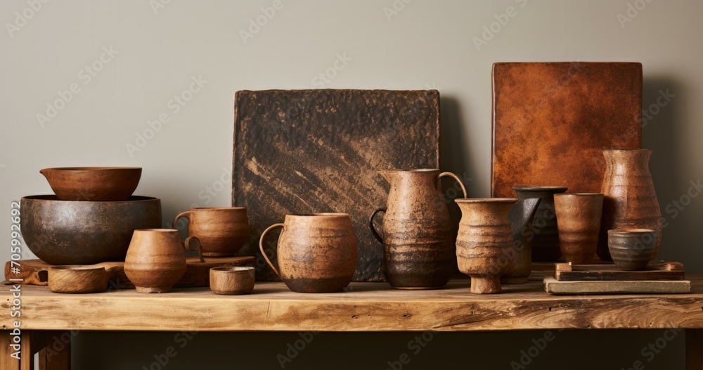 Aufkleber a table with many different types of pots and vases. generative ai.