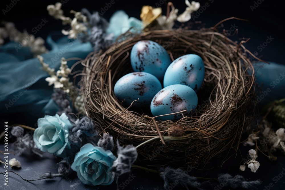 Wall mural Easter eggs in a nest with blue flowers and blue ribbon on dark background. Generative AI.