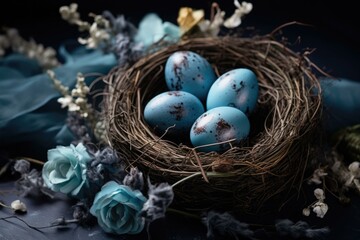 Fototapeta na wymiar Easter eggs in a nest with blue flowers and blue ribbon on dark background. Generative AI.