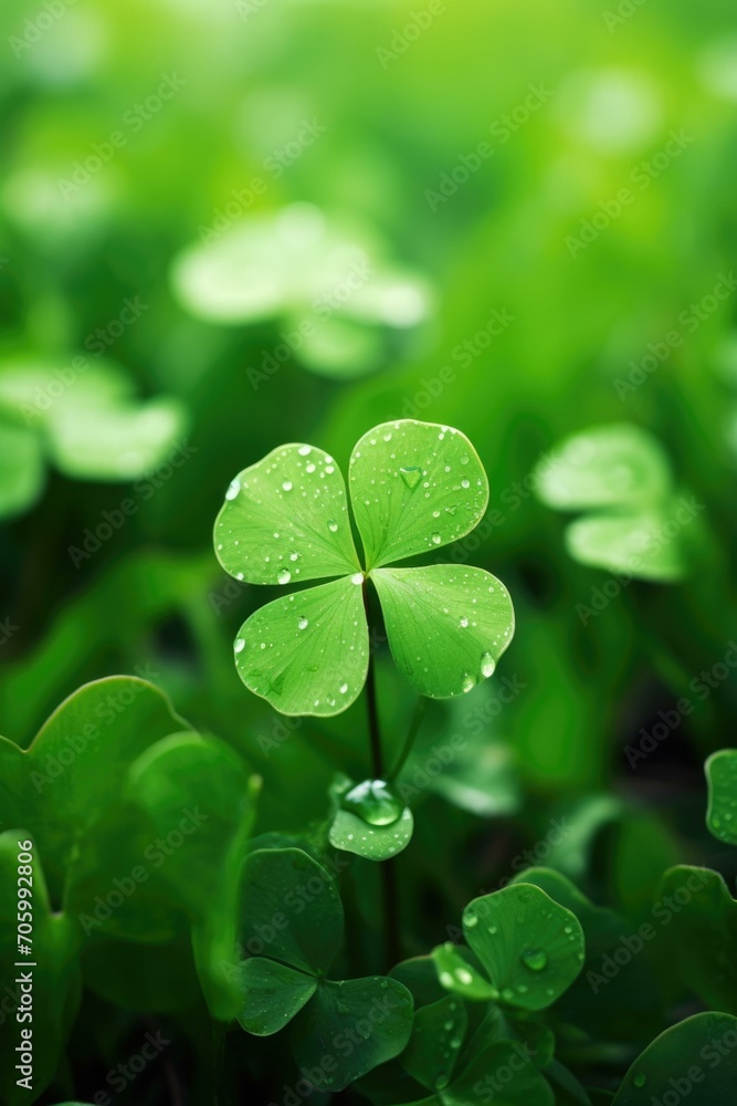 Poster four leaf clover with water droplets on it. generative ai.
