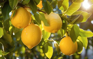 A bunch of lemons hanging from a tree. Generative AI.