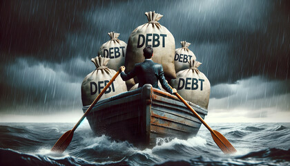 Sinking in Debt. Business man in a sinking boat loaded with bags of debt. When you're drowning in debt, it can feel like the world is caving in around you - obrazy, fototapety, plakaty