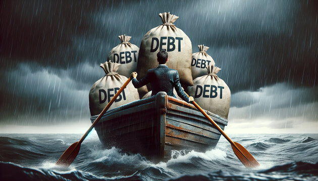 Sinking in Debt. Business man in a sinking boat loaded with bags of debt. When you're drowning in debt, it can feel like the world is caving in around you