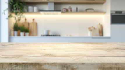 Empty wooden dining table with a beautifully blurred modern kitchen scene in the background