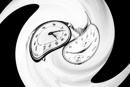 Creative image of melting alarm clocks in retro style. Hard textured image.