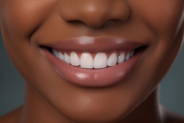 close up of a black woman's smile with white teeth. Advertising of teeth whitening products or dental clinic. 