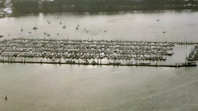 Lorient's leisure harbor during soft sunset aerial
