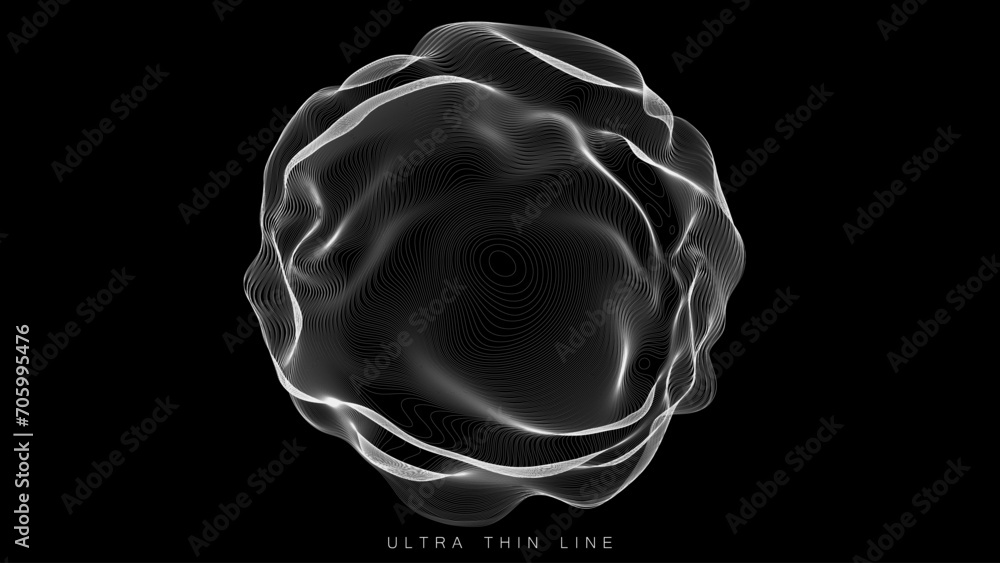 Poster ultra thin line fluid geometry. dynamic vector distorted spheres.
