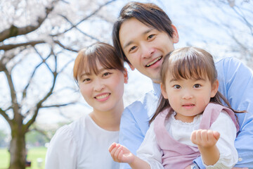 花見をする若い家族のポートレート