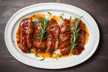 Fototapeta premium Saltimbocca on a oval white plate on a wooden background. top view