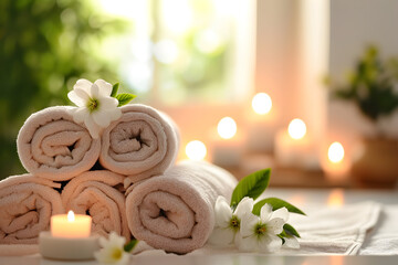 light spa background with flowers, candle and towels. relax concept
