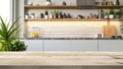 Calm dining space featuring empty wooden table and kitchen interior rendered artfully out of focus