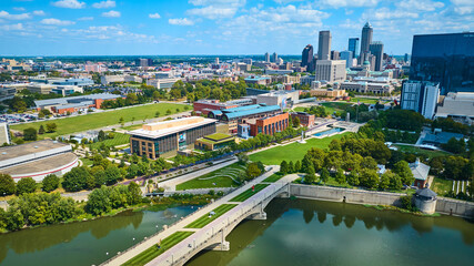 Aerial Downtown Indianapolis Skyline with River and Bridge