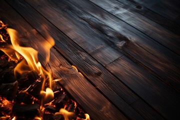 Burning firewood on wooden planks. Abstract background with space for text