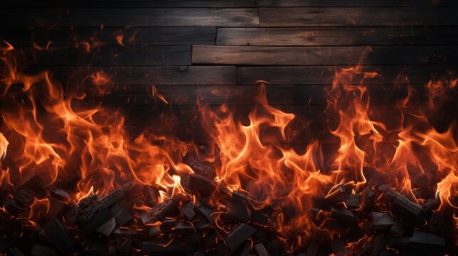 Burning wood with fire flames on dark wooden background with copy space