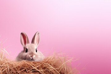 Obraz premium rabbit on a pink background with hay. Easter poster, banner. Place for text. Postcard. Invitation Bunny. Cute animal