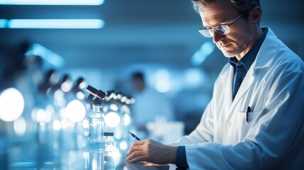 scientist with chemical formulas developing substances for human health