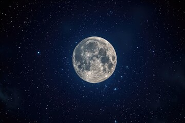 A bright full moon in a dark starry sky.