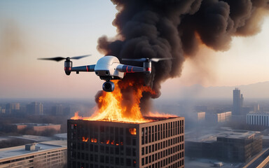 Unmanned surveillance drone equipped with a camera for firefighting used by firefighters to identify hotspots and search the unsafe-building. - 705997067