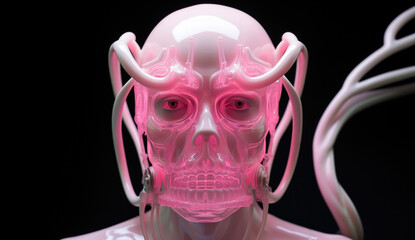 A person wearing a transparent mask of skull