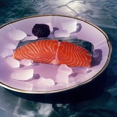 Sliced Salmon Sashimi. ice. Expensive food, luxury. fish. black caviar