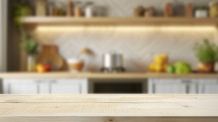 Simplicity and elegance coexist in unadorned rustic table with contemporary kitchen softly defocused