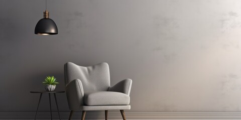 Chic gray chair and table with luminous lamp by white wall.