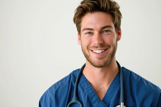 Casual portrait of a male nurse off-duty, relaxed and approachable, white background