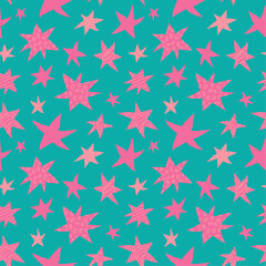 Fototapeta na wymiar Freehand drawn ornamented pink stars on teal background seamless vector pattern. Simple attractive duochrome ornament with stars for printing on different surfaces. 