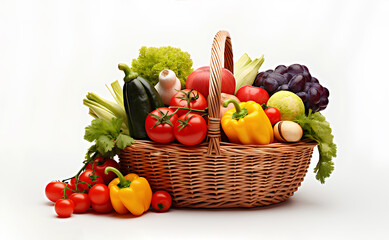 Basket with assortment of fresh organic fruits and vegetables on white background.