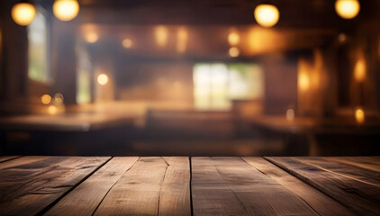 Rustic Empty wooden table top with lights bokeh on blur restaurant background, Vintage pub interior. Dark wood counter.