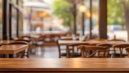 Blurred coffee shop and café restaurant interior background with empty wooden table. Use for products display or montage