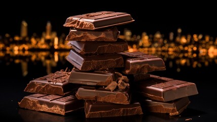 A stack of brown chocolate bars in a bustling cityscape at night -Generative Ai
