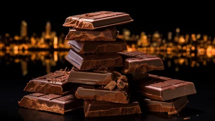 Foto op Aluminium A stack of brown chocolate bars in a bustling cityscape at night -Generative Ai  © Online Jack Oliver
